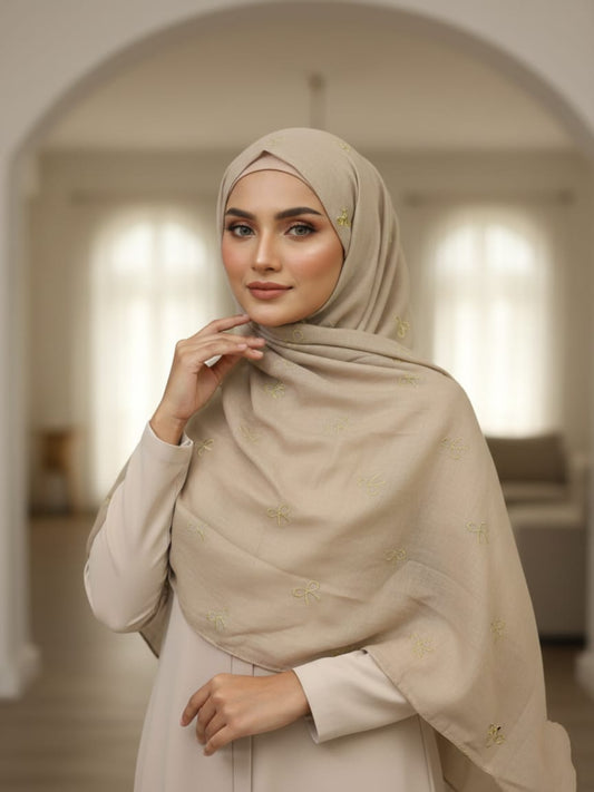 Bow Emb Hijab- Cream