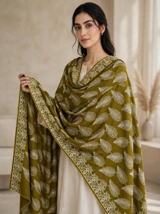 Leaf Silk Embroidered Shawl-Olive Mustard