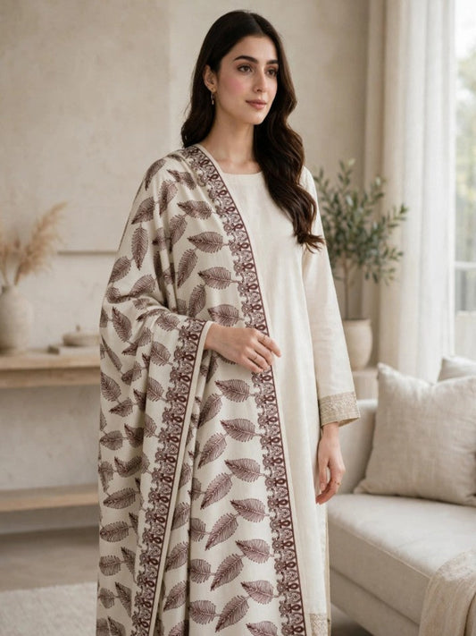 Leaf Silk Embroidered Shawl-Ivory