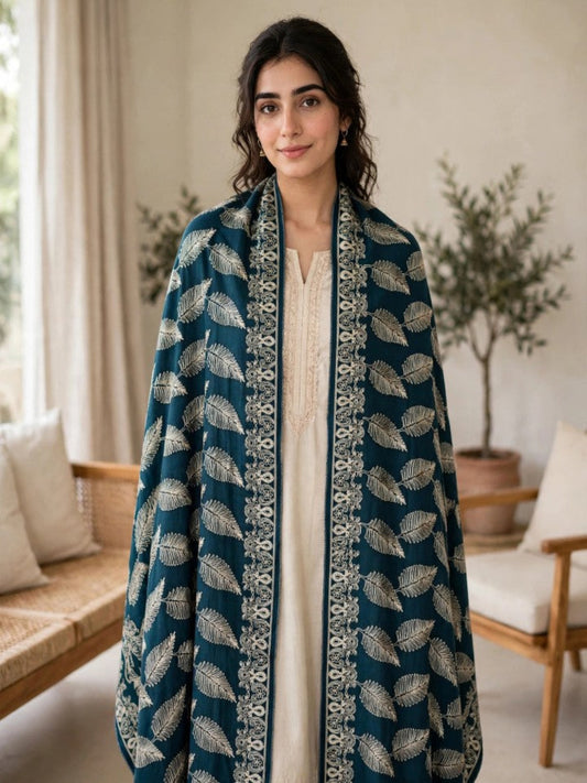 Leaf Silk Embroidered Shawl-Teal Blue