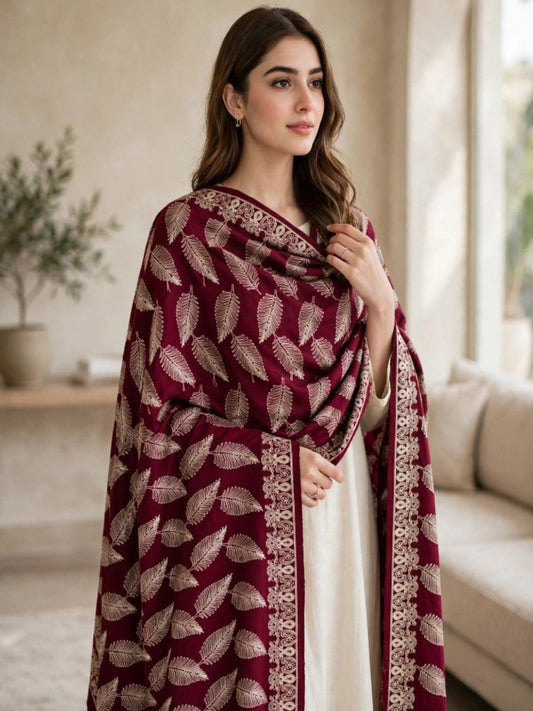 Leaf Silk Embroidered Shawl-Maroon