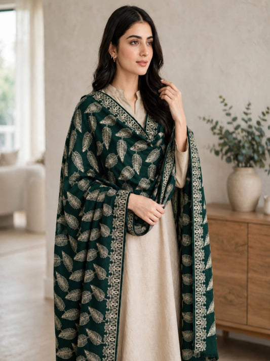 Leaf Silk Embroidered Shawl-Forest Green