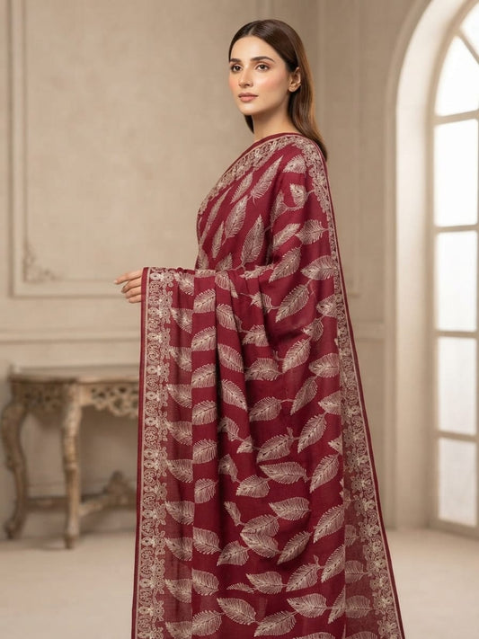 Leaf Silk Embroidered Shawl-Cherry Red