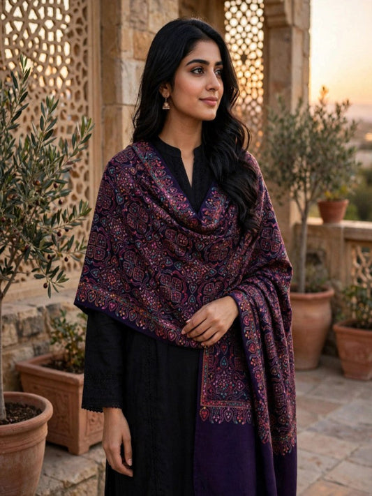 Zar Hand Embroidered Shawl-Royal Plum