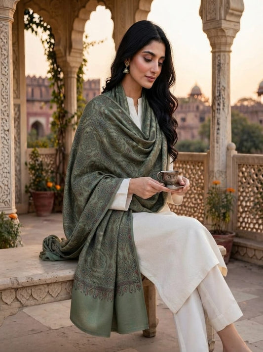 Zar Hand Embroidered Shawl-Sage Green