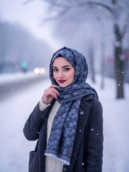 Flower Woolen Hijab Navy