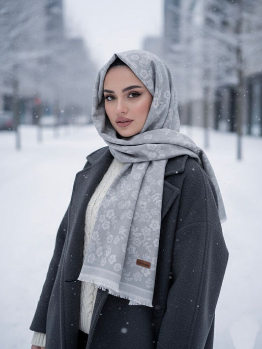 Flower Woolen Hijab Pastel Grey