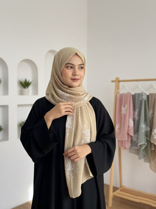 Embroide Floral Hijab LIGHT BROWN