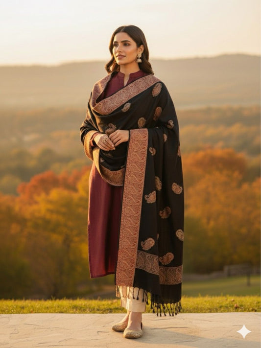 Lux Embroided Shawl-Black