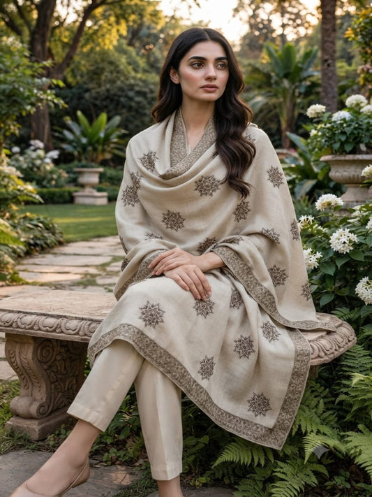 Noor Embroidered Shawl-Light Biege