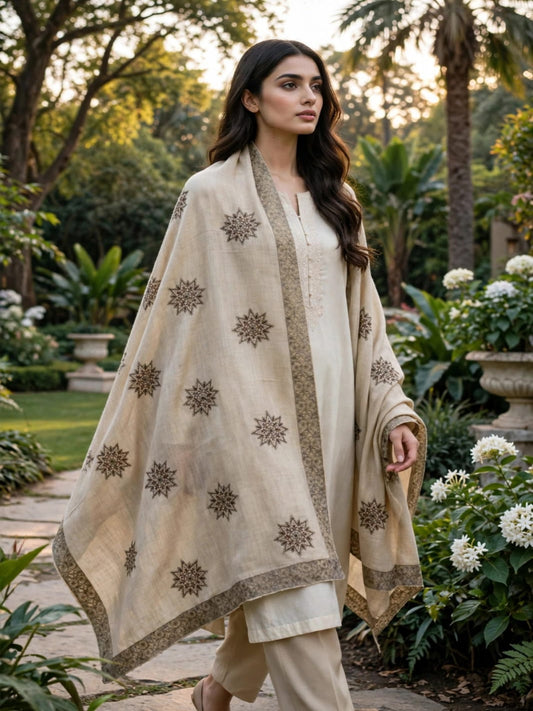 Noor Embroidered Shawl-Light Biege