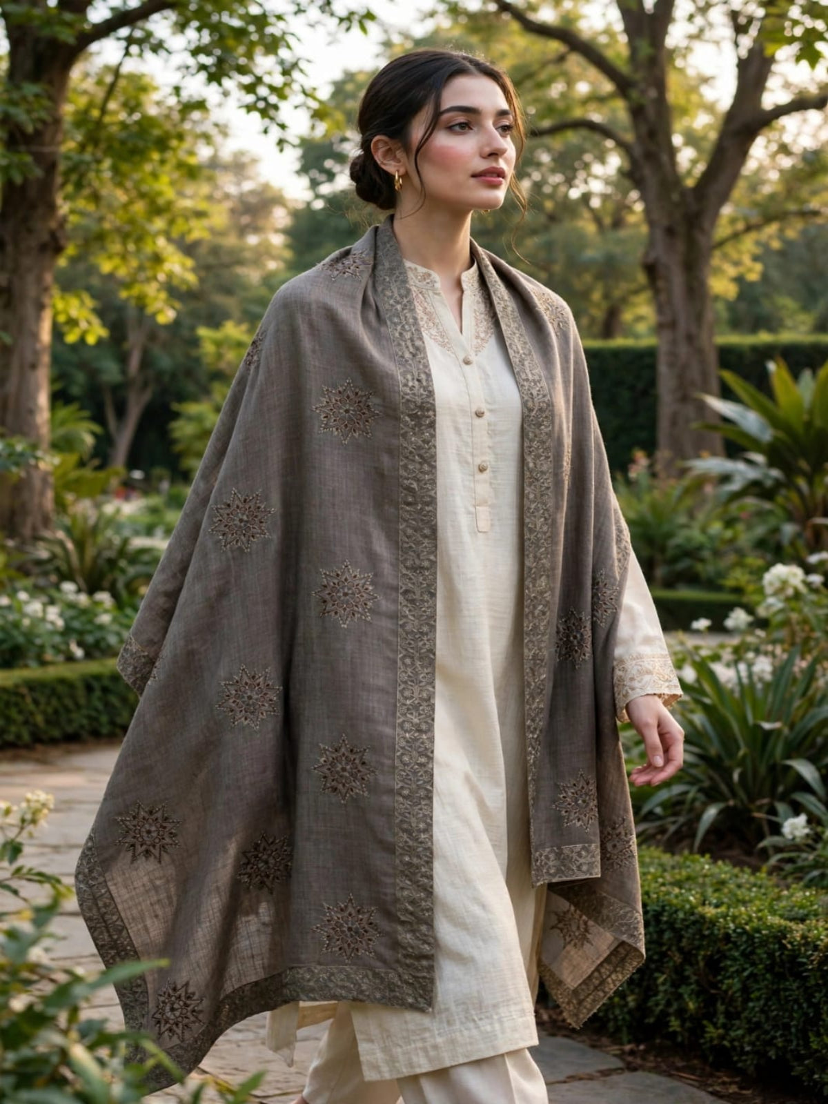 Noor Embroidered Shawl-Taupe Grey