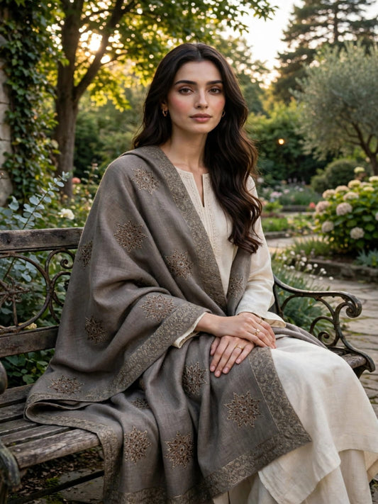 Noor Embroidered Shawl-Taupe Grey