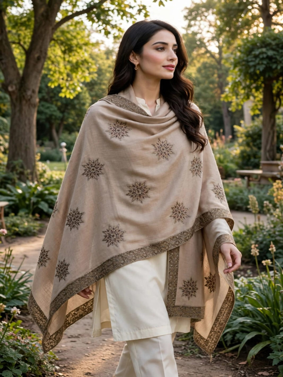 Noor Embroidered Shawl-Fawn Taupe