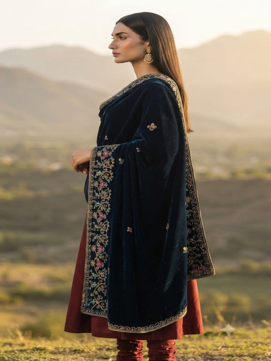 Handmade Velvet Shawl-Peacock