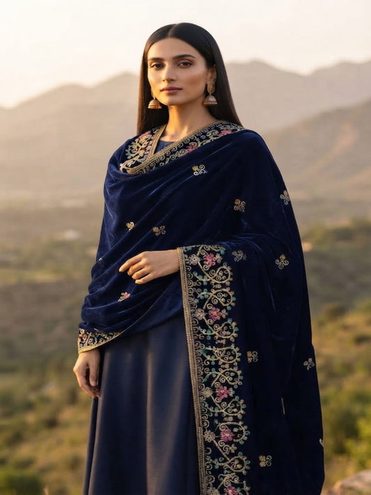 Handmade Velvet Shawl-Navy Blue