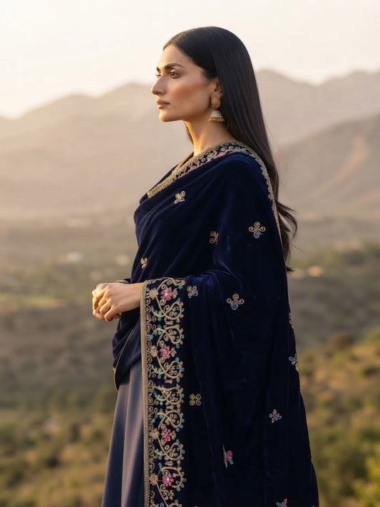 Handmade Velvet Shawl-Navy Blue