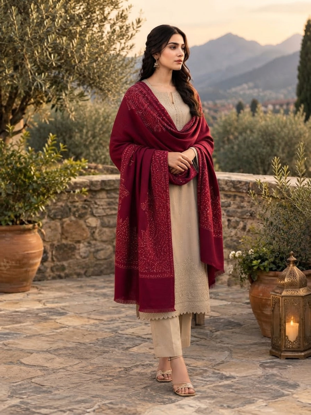 Nayab Handwork Shawl-Magenta