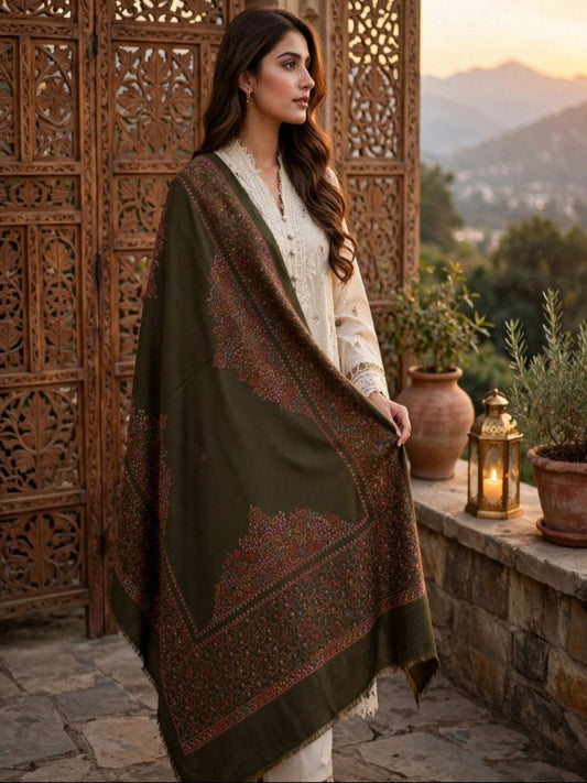 Nayab Handwork Shawl-Moss Green