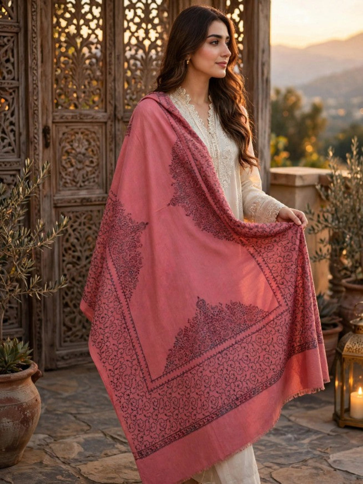 Nayab Handwork Shawl-Rose Pink