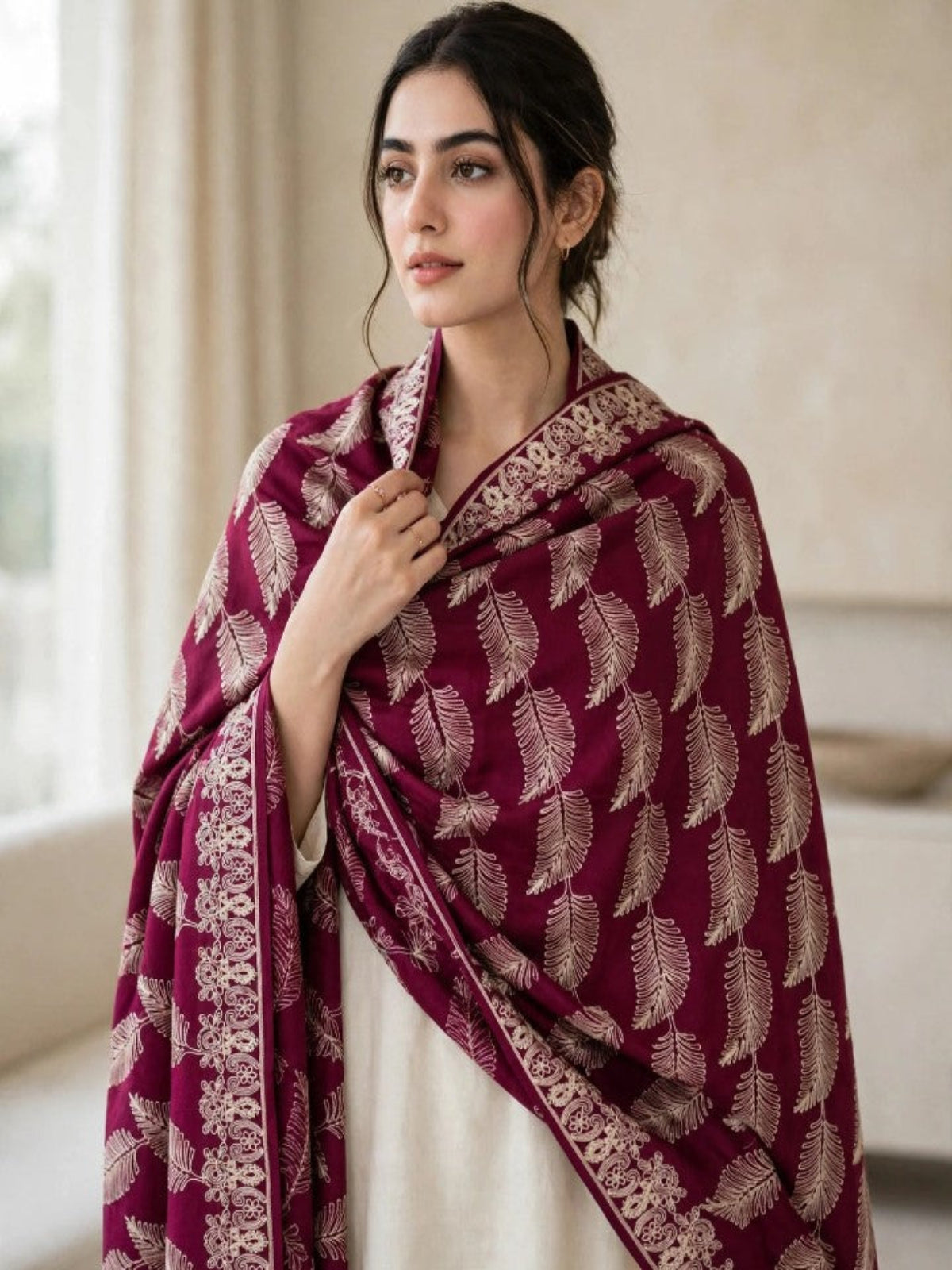 Leaf Silk Embroidered Shawl-Plum