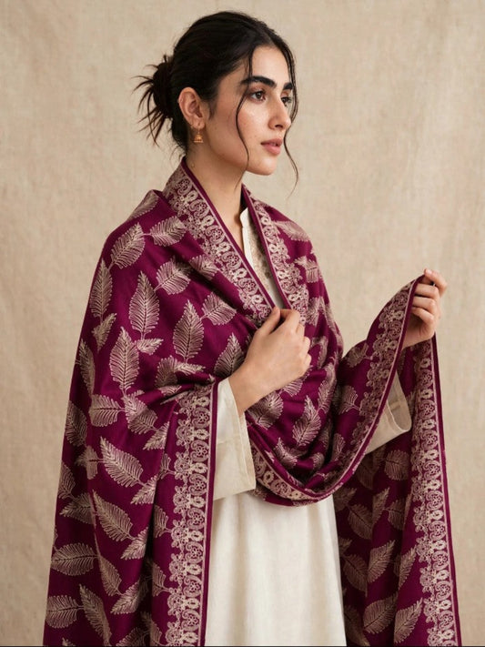 Leaf Silk Embroidered Shawl-Plum