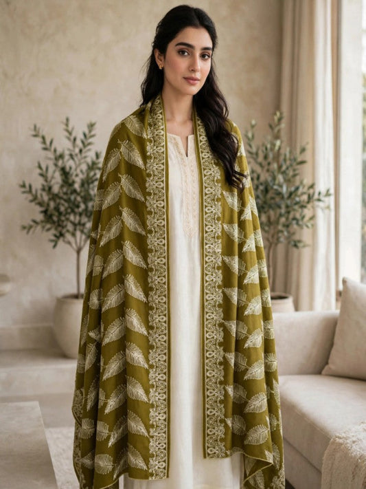 Leaf Silk Embroidered Shawl-Olive Mustard