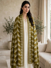 Leaf Silk Embroidered Shawl-Olive Mustard