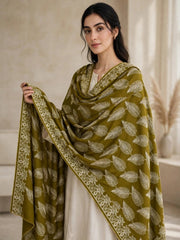 Leaf Silk Embroidered Shawl-Olive Mustard