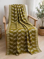 Leaf Silk Embroidered Shawl-Olive Mustard