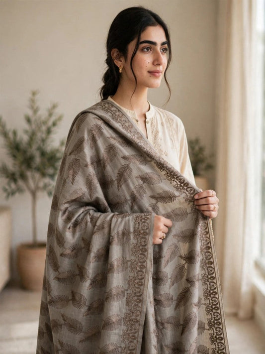 Leaf Silk Embroidered Shawl-Ash Grey