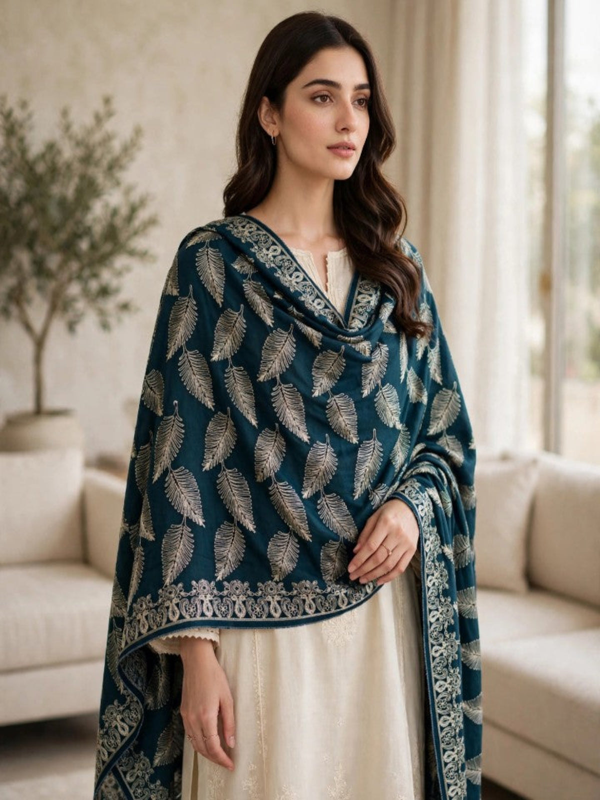 Leaf Silk Embroidered Shawl-Teal Blue