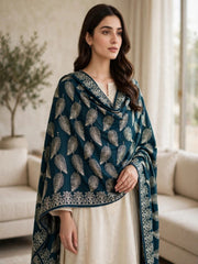 Leaf Silk Embroidered Shawl-Teal Blue