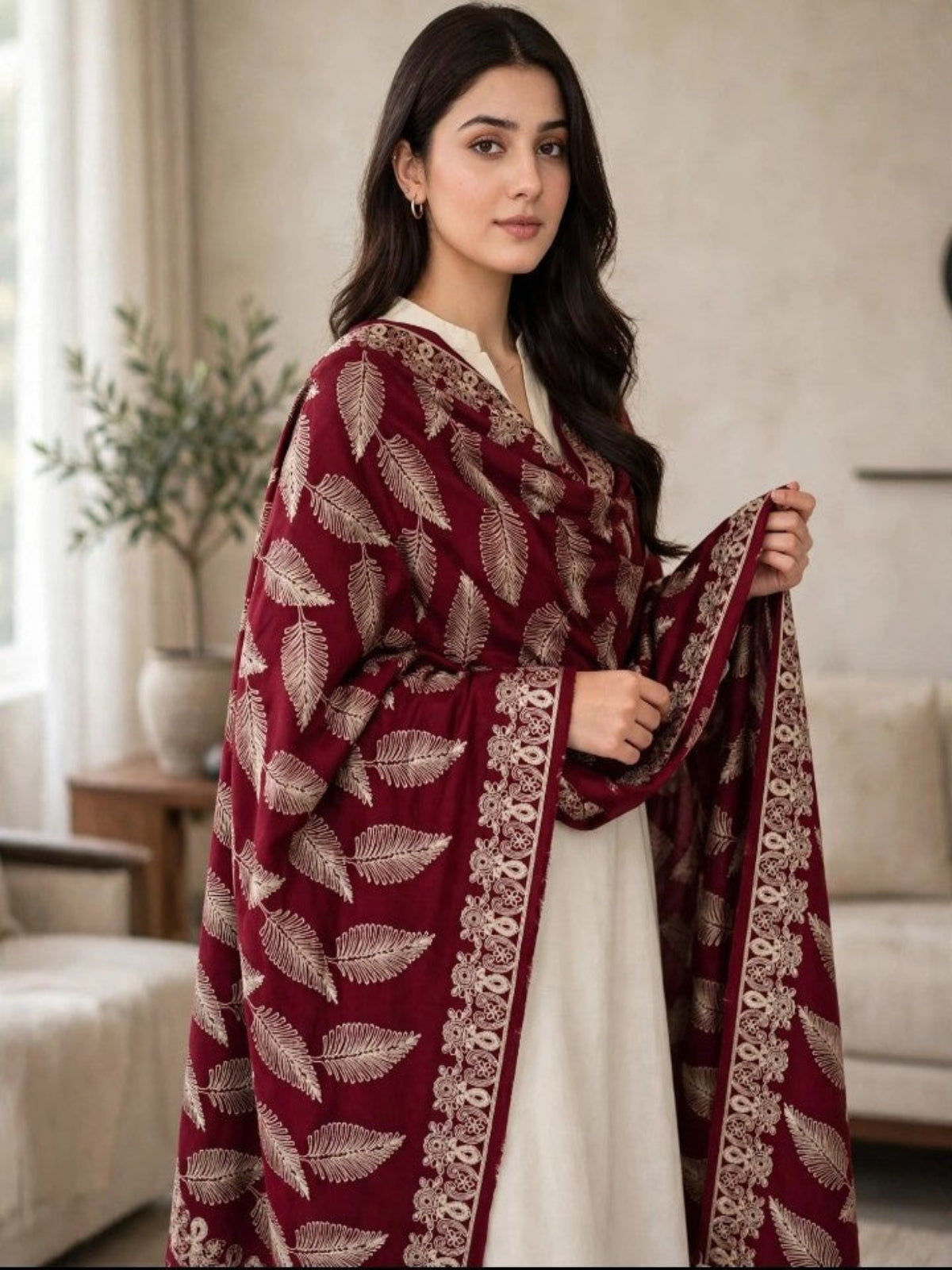 Leaf Silk Embroidered Shawl-Maroon