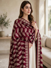 Leaf Silk Embroidered Shawl-Maroon