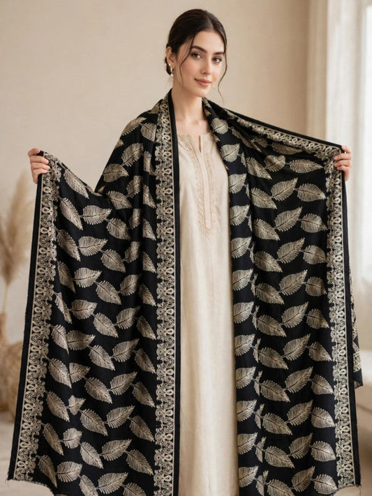Leaf Silk Embroidered Shawl-Black