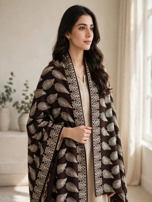 Leaf Silk Embroidered Shawl-Chocolate Brown
