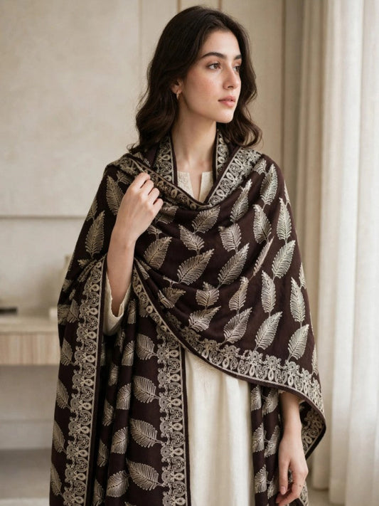 Leaf Silk Embroidered Shawl-Chocolate Brown