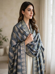 Leaf Silk Embroidered Shawl-Steel Grey