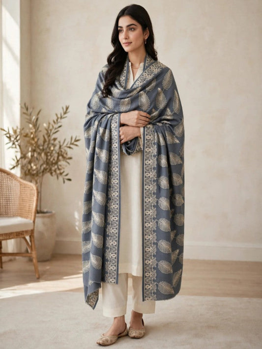 Leaf Silk Embroidered Shawl-Steel Grey