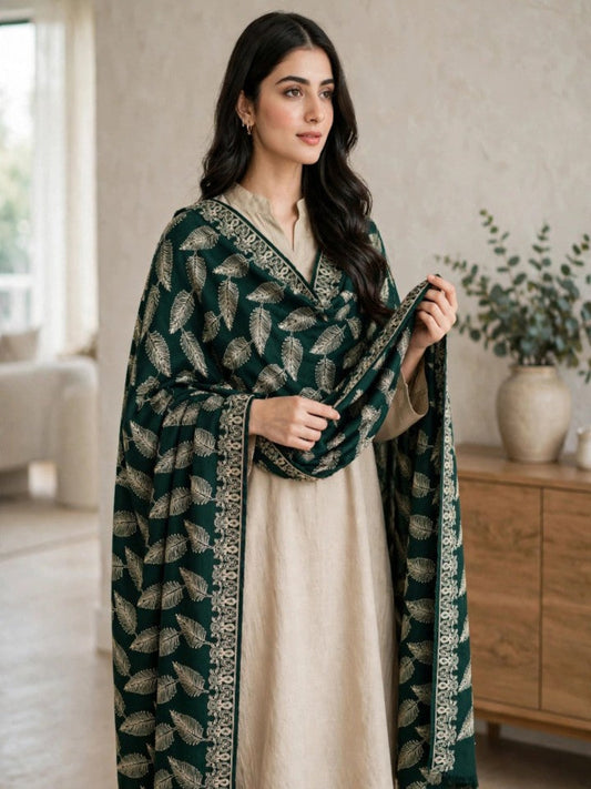 Leaf Silk Embroidered Shawl-Forest Green
