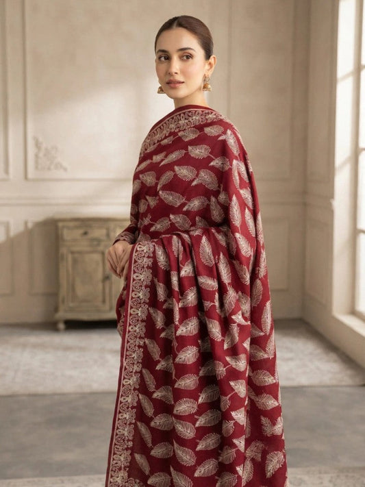 Leaf Silk Embroidered Shawl-Cherry Red