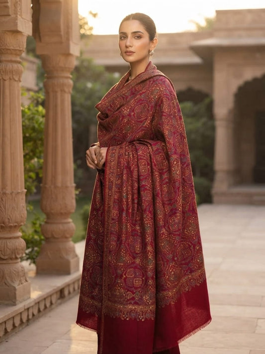 Zar Hand Embroidered Shawl-Royal Maroon