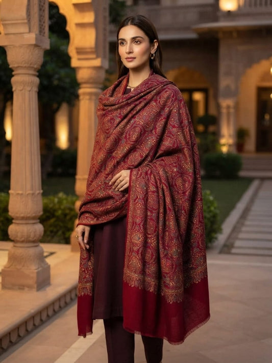 Zar Hand Embroidered Shawl-Royal Maroon