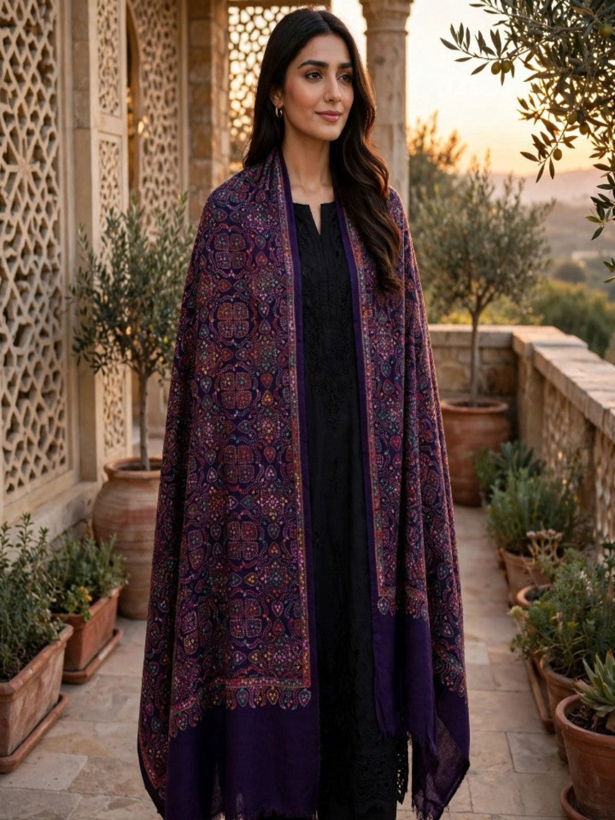 Zar Hand Embroidered Shawl-Royal Plum