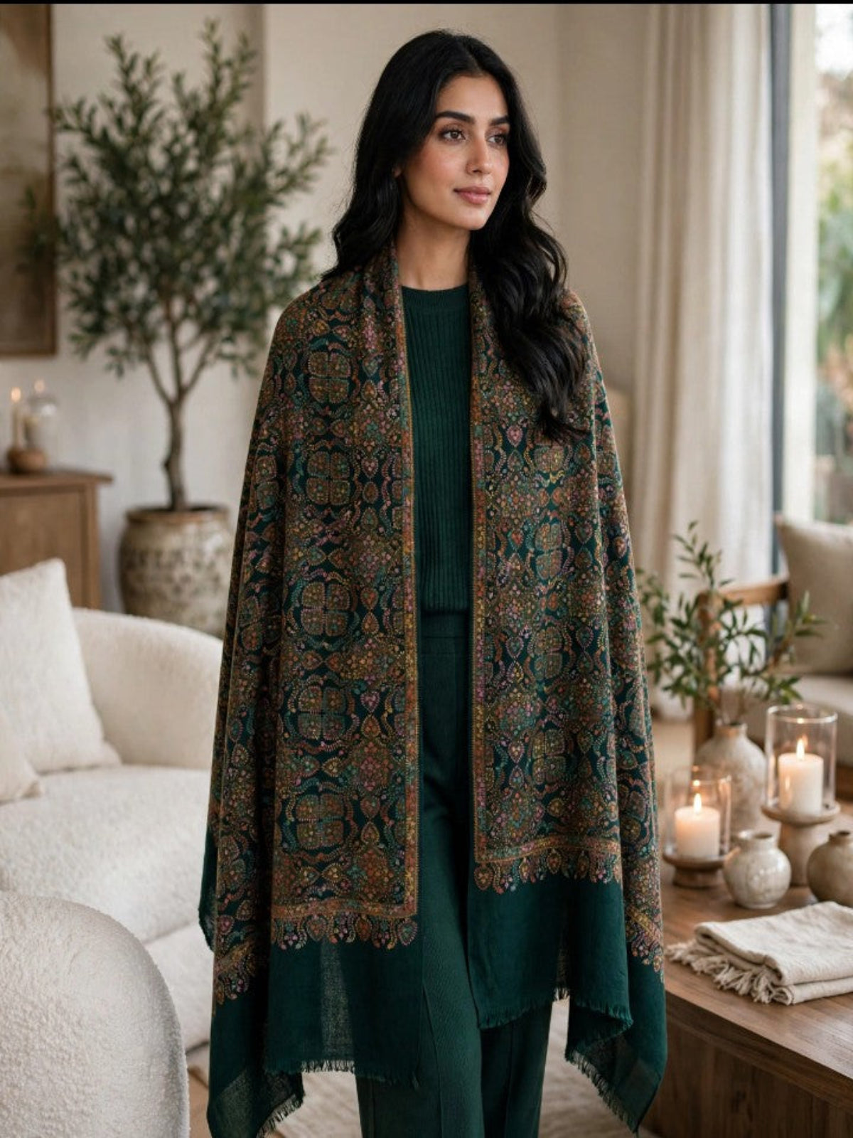 Zar Hand Embroidered Shawl-Dark Emerald