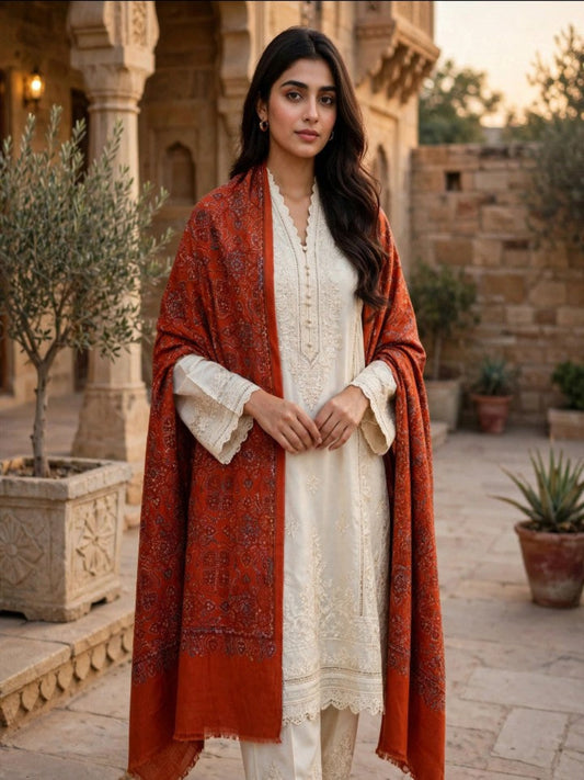 Zar Hand Embroidered Shawl-Burnt Orange