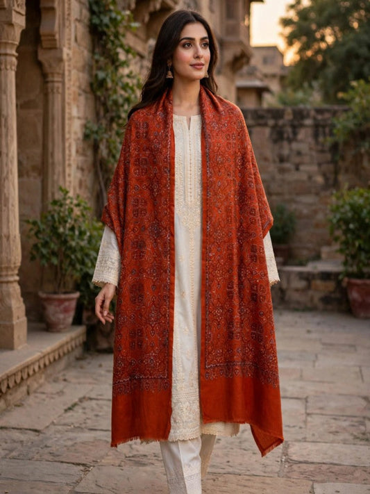 Zar Hand Embroidered Shawl-Burnt Orange