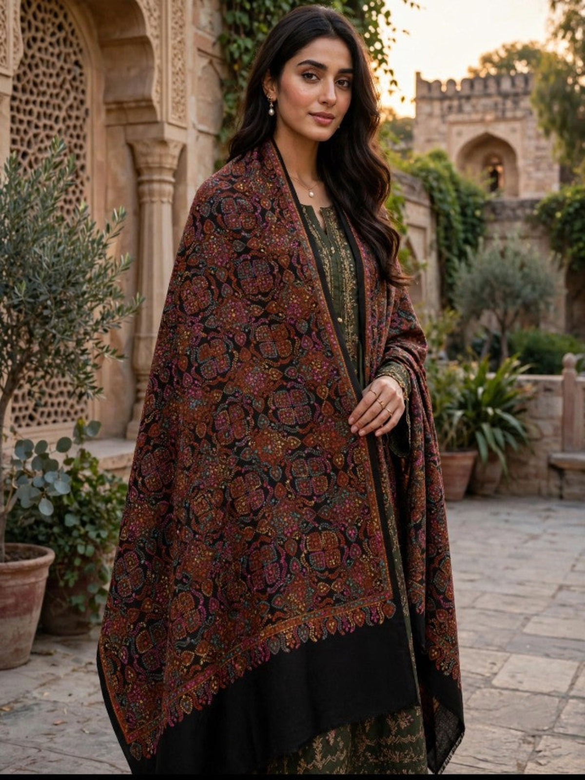 Zar Hand Embroidered Shawl-Jet Black