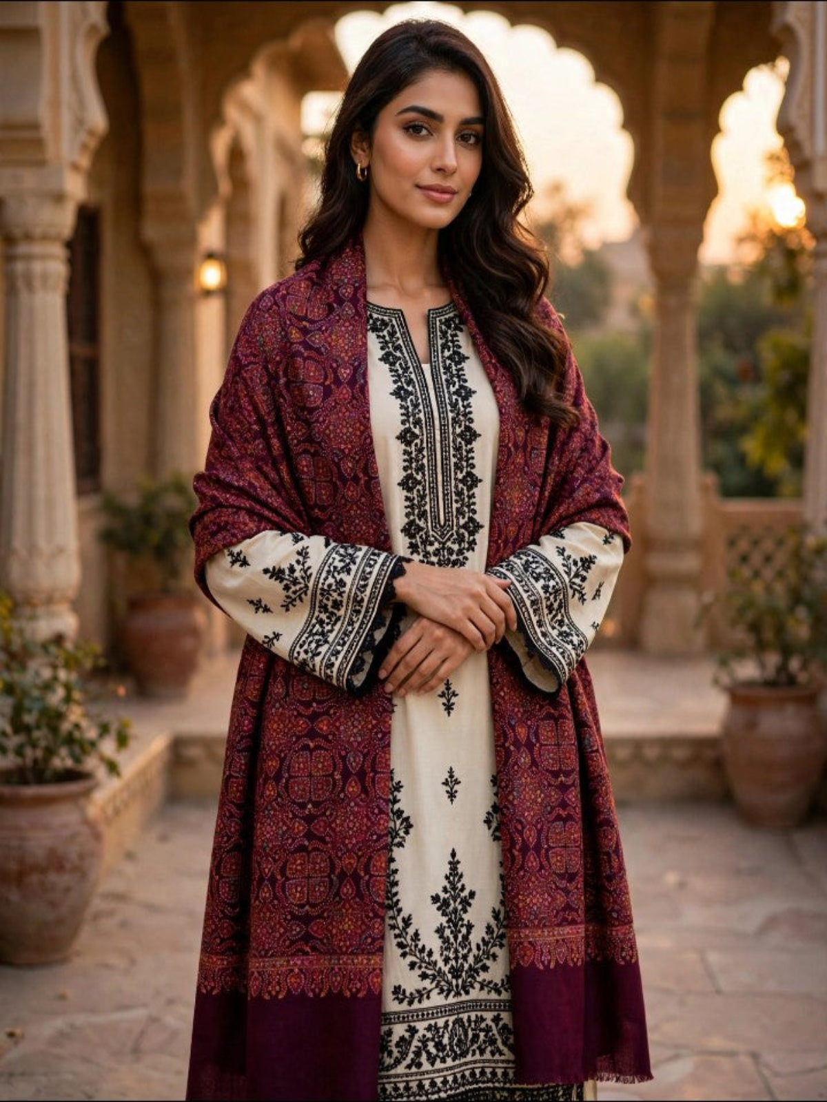 Zar Hand Embroidered Shawl-Dark Mulberry